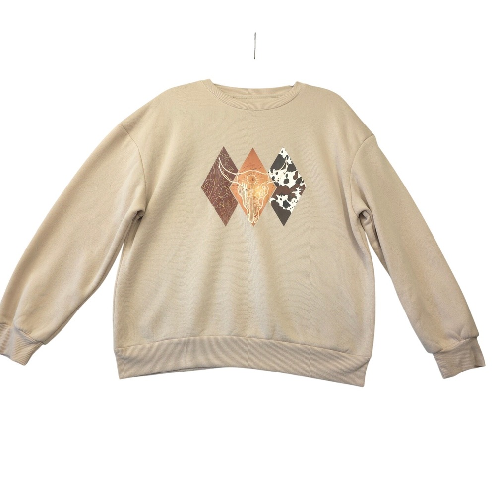 Western Steer Skull Cow Print Graphic Sweatshirt Tan Women's Med Boho Rodeo Cozy